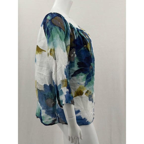 Habitat Top Womens Medium Blue White Watercolor Linen Blend Peasant Abstract Art - Picture 3 of 10